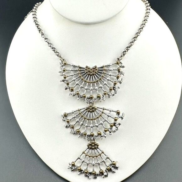 LUCKY BRAND Fan Silver Tone Bib Statement 34" Rolo Chain Bohemian Necklace - Picture 1 of 5